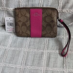 Coach Brown Signature Canvas Wristlet with Pink Stripe